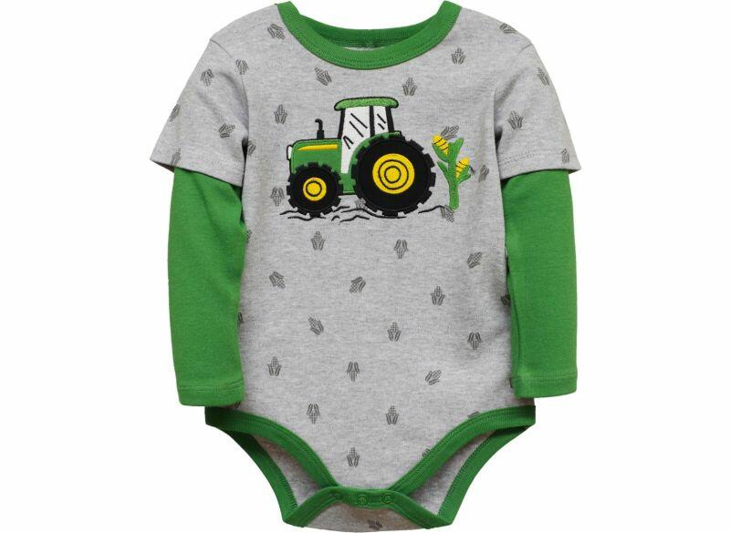 Dětské John Deere body Cornfield šedé s traktorem - pohled zepředu